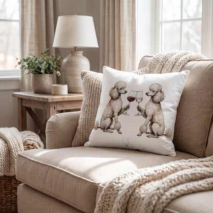 Poodle Happy Hour throw pillow styled on a sofa