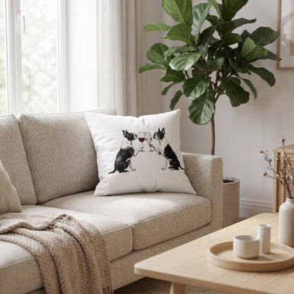 Boston Terrier Happy Hour throw pillow styled on a sofa