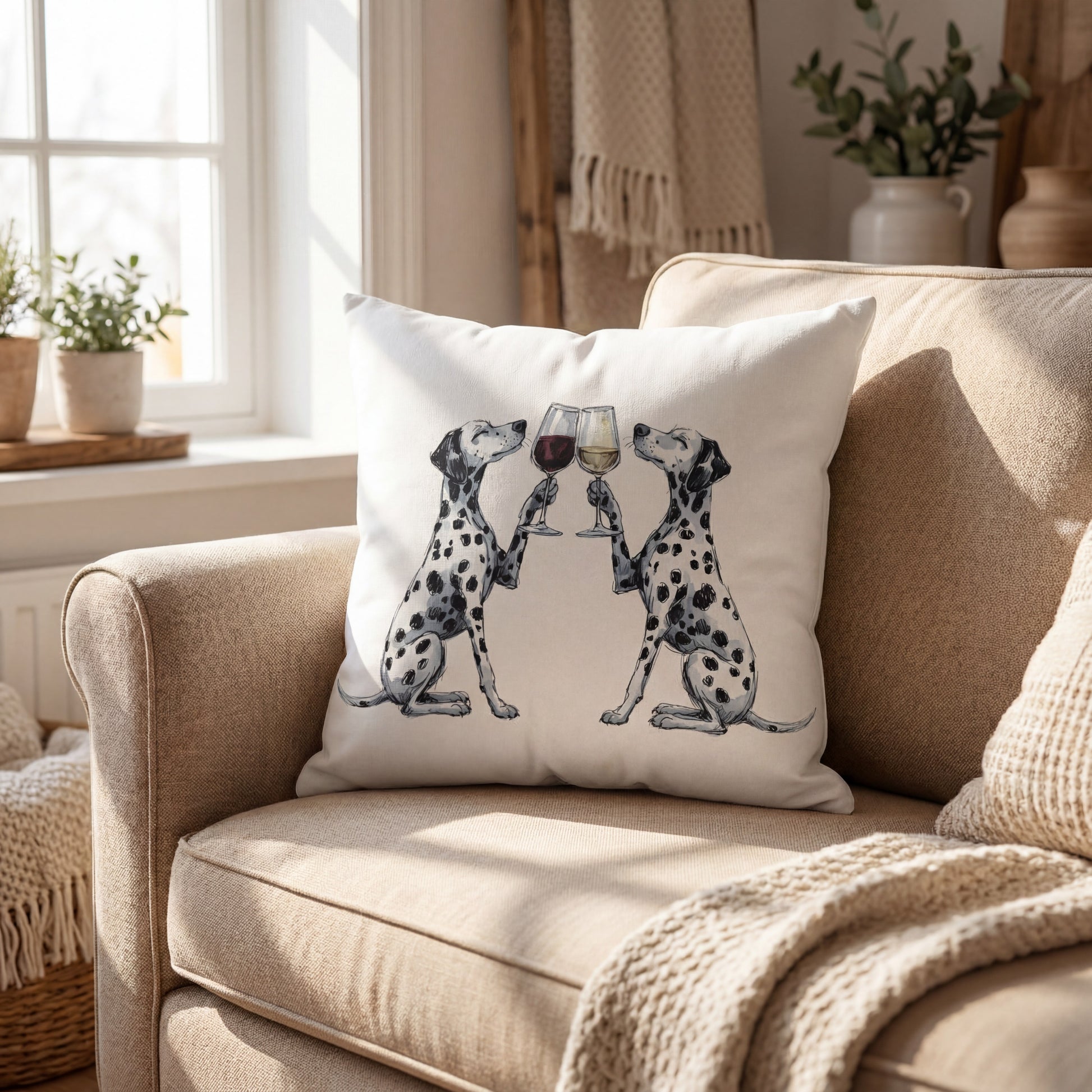 Dalmatian Happy Hour throw pillow styled on a sofa