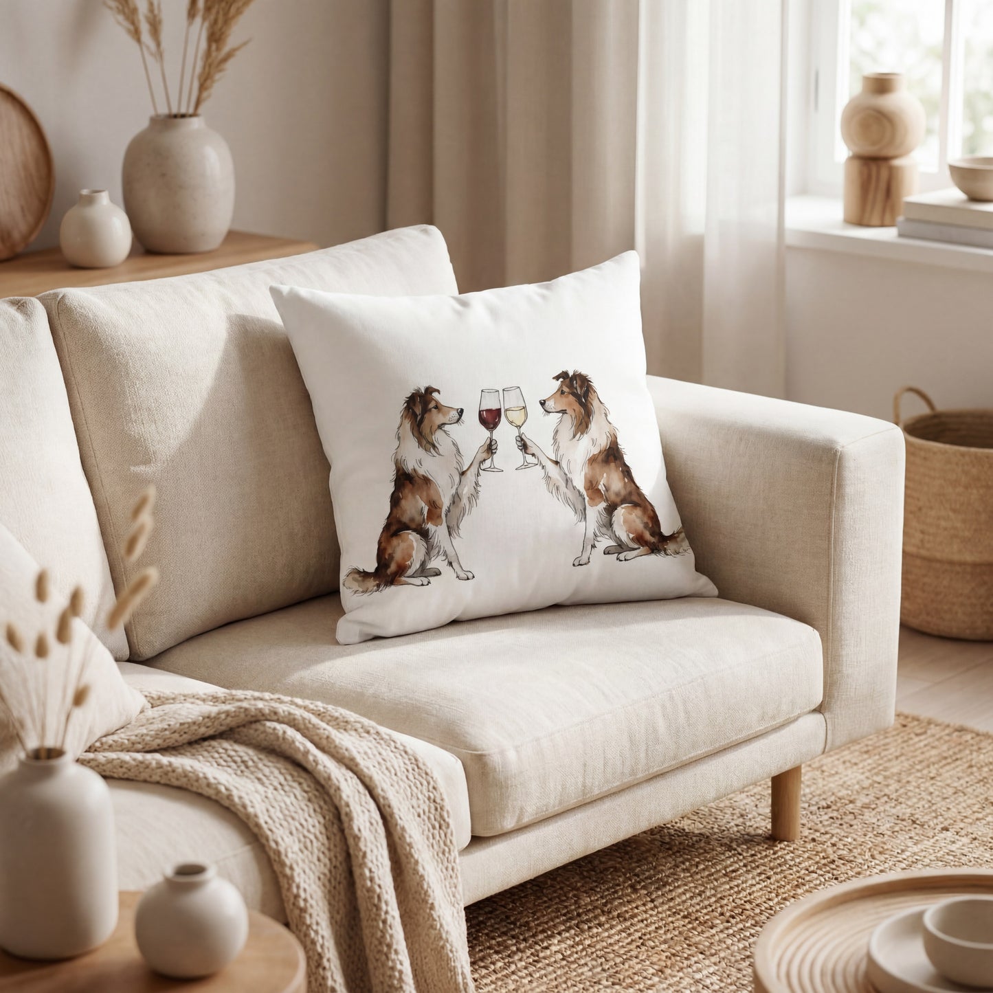 Sheltie Happy Hour throw pillow styled on a sofa