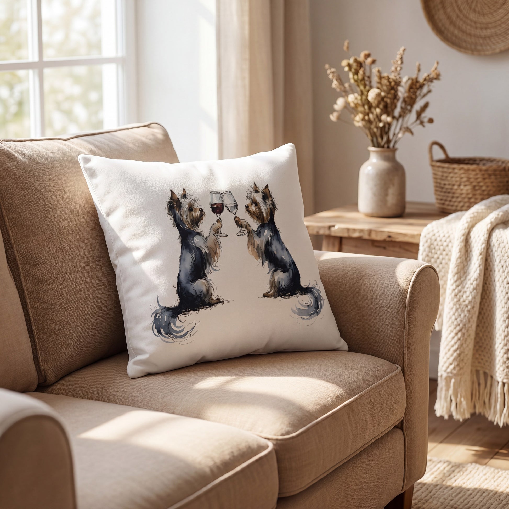 Yorkshire Terrier Happy Hour throw pillow styled on a sofa