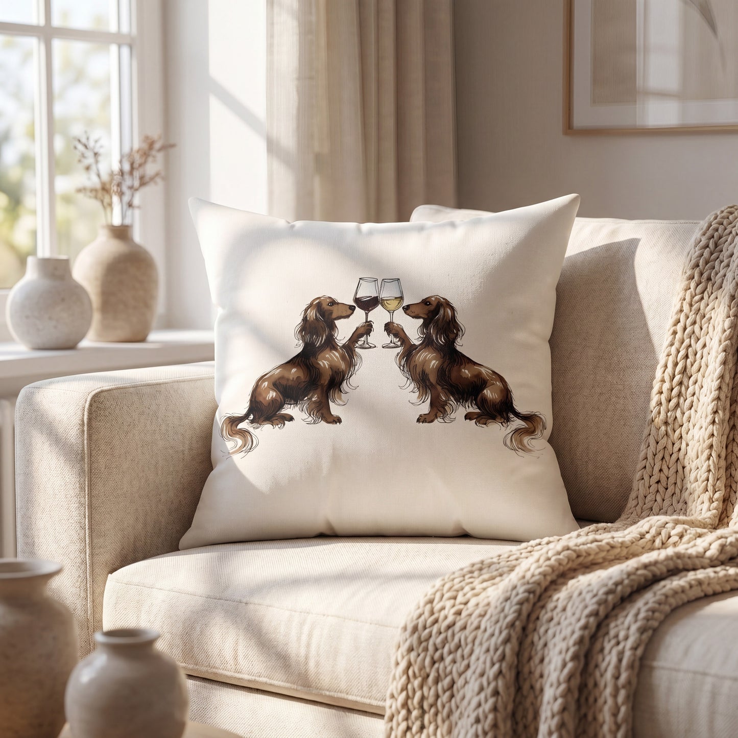 Dachshund Happy Hour throw pillow styled on a sofa