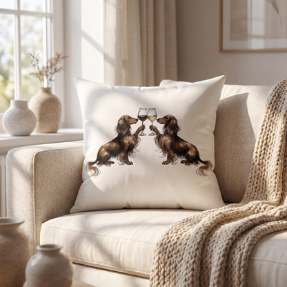Dachshund Happy Hour throw pillow styled on a sofa