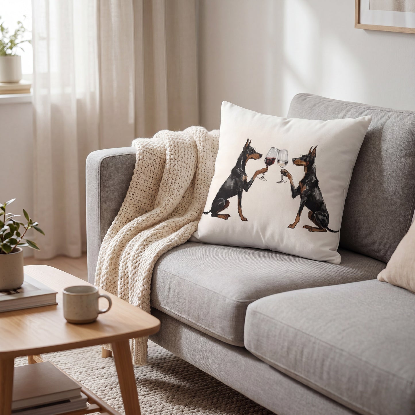 Doberman Happy Hour throw pillow styled on a sofa