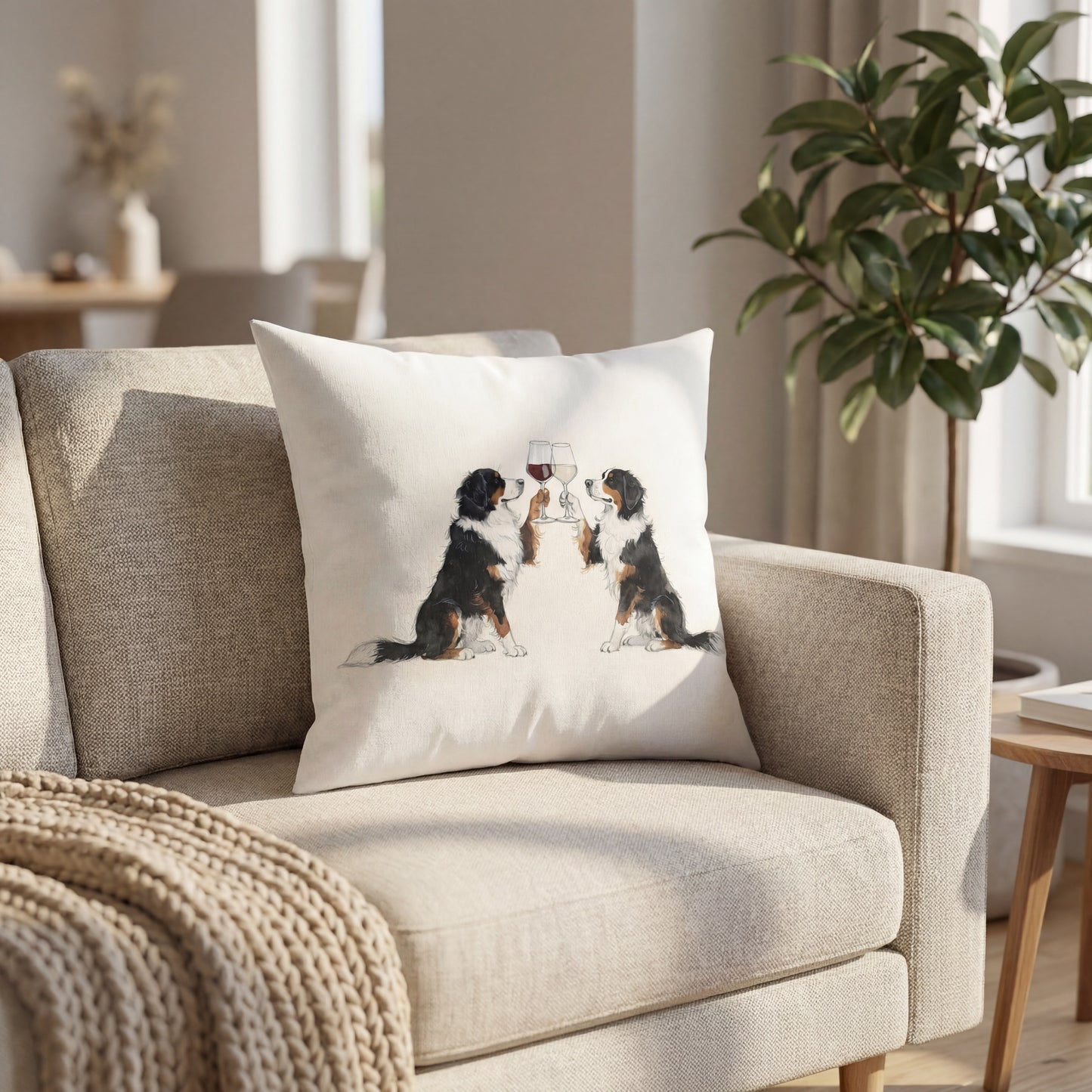 Bernese Mountain Dog Happy Hour throw pillow styled on a sofa