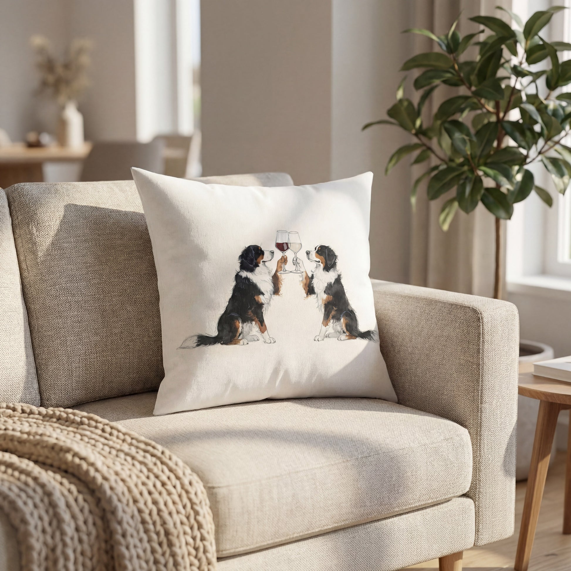 Bernese Mountain Dog Happy Hour throw pillow styled on a sofa