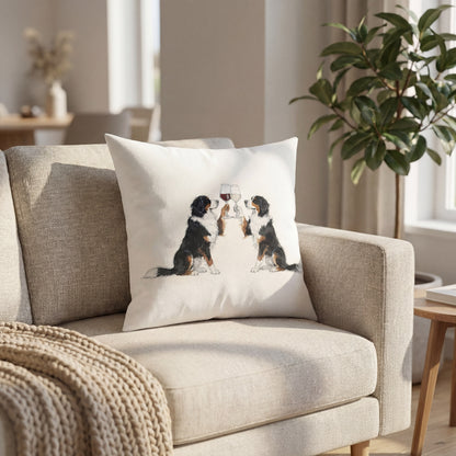 Bernese Mountain Dog Happy Hour throw pillow styled on a sofa