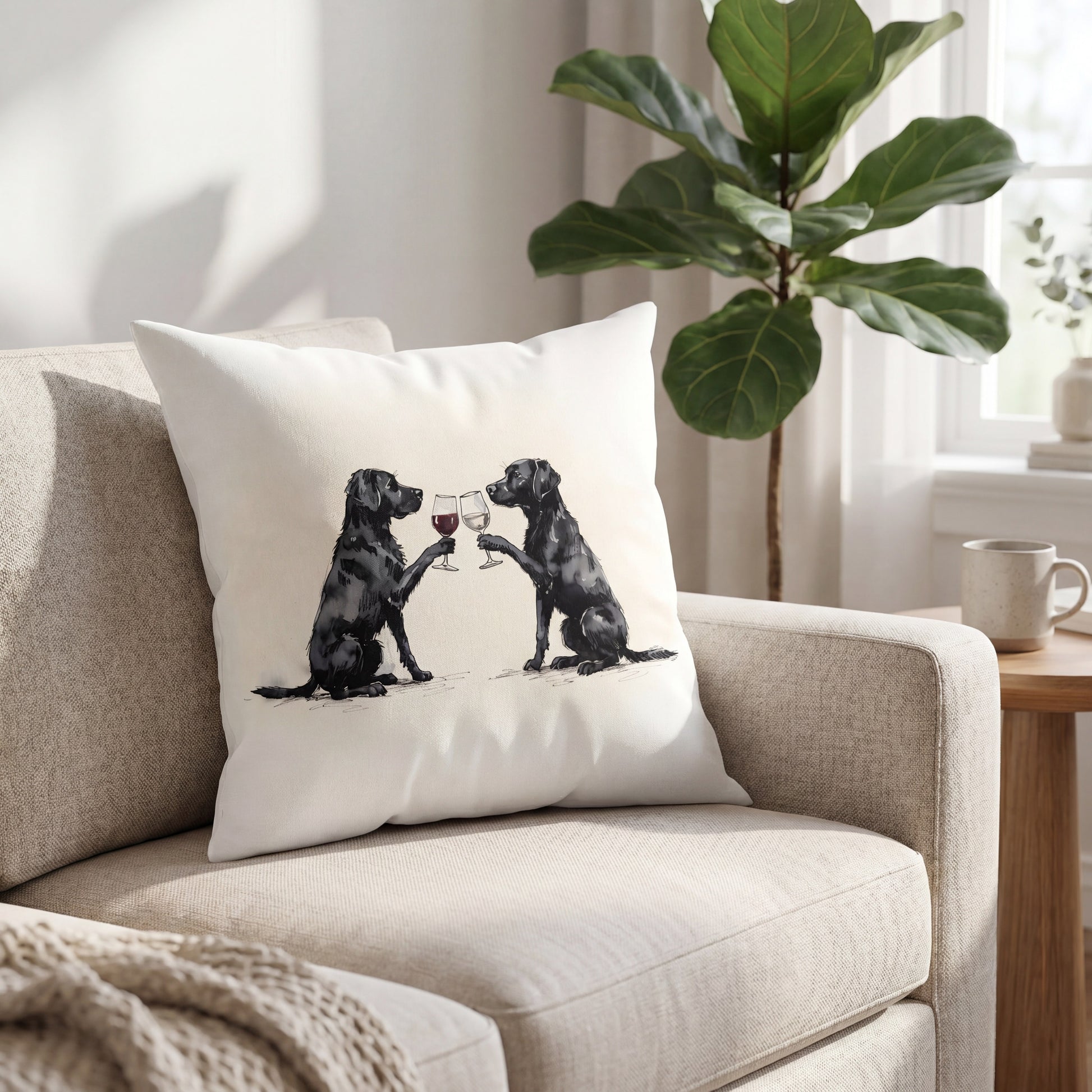 Black Labrador Retriever Happy Hour throw pillow styled on a sofa