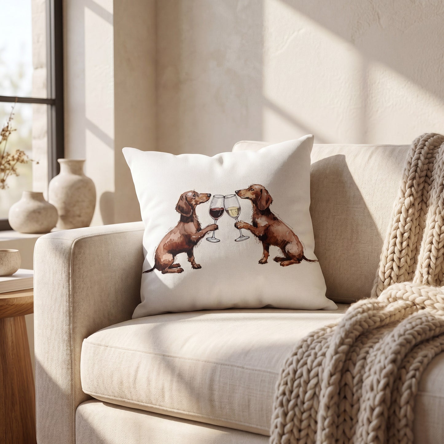Dachshund Happy Hour throw pillow styled on a sofa