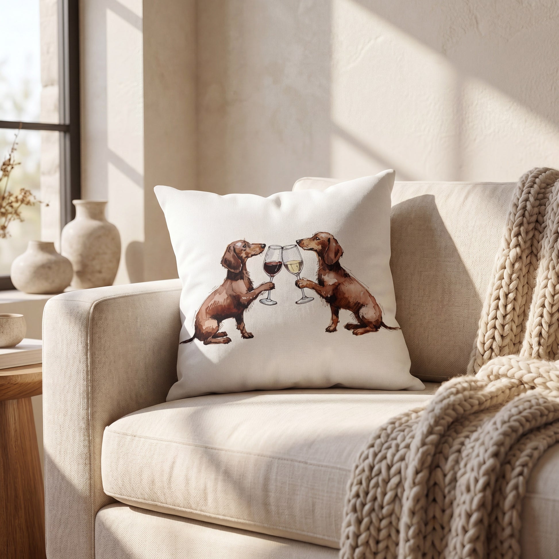 Dachshund Happy Hour throw pillow styled on a sofa