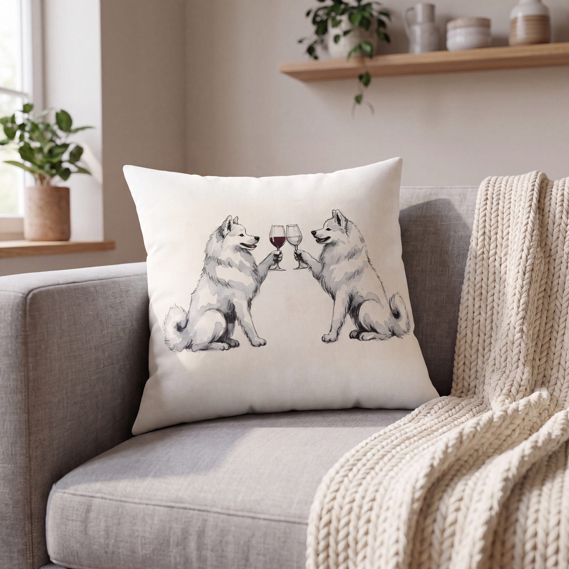 Happy Hour Samoyed throw pillow lifestyle, on a cozy sofa