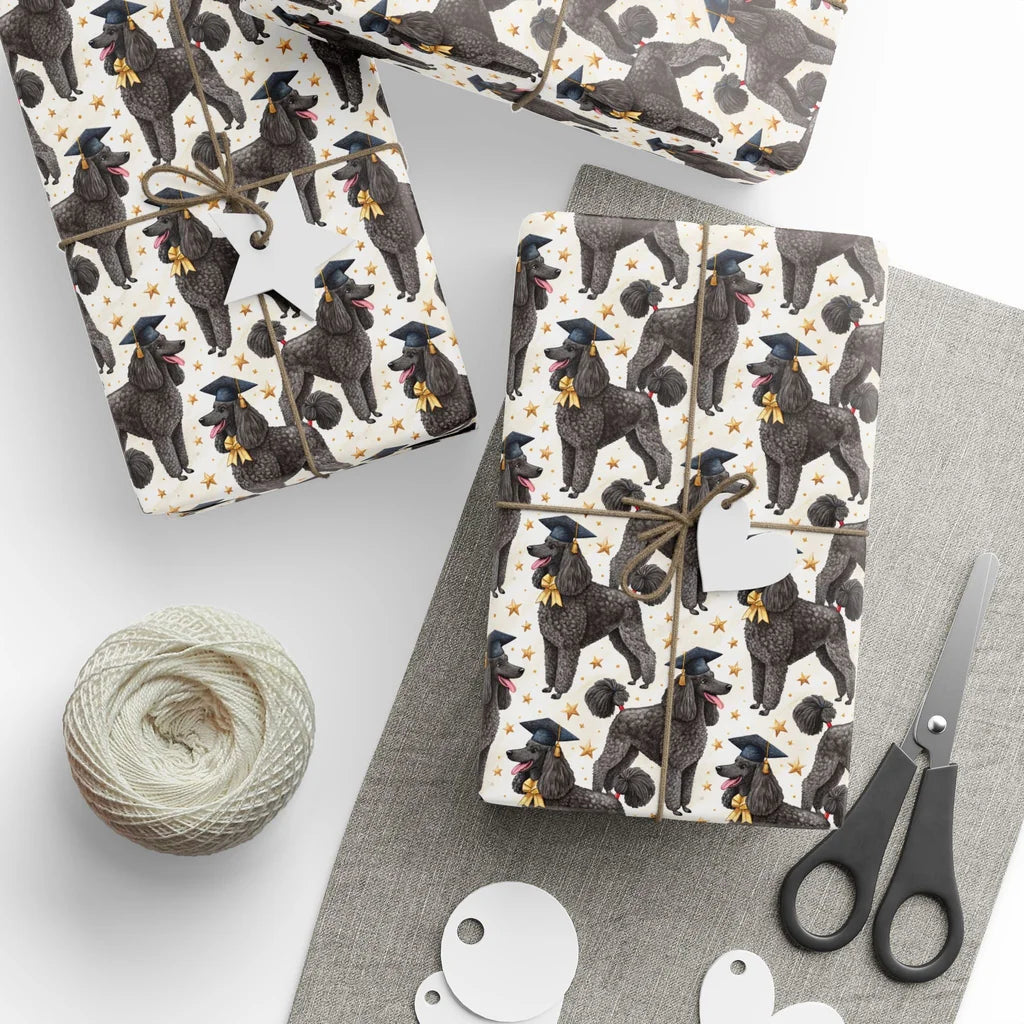 Poodle Graduation Wrapping Paper — styled gift wrapping with scissors and twine