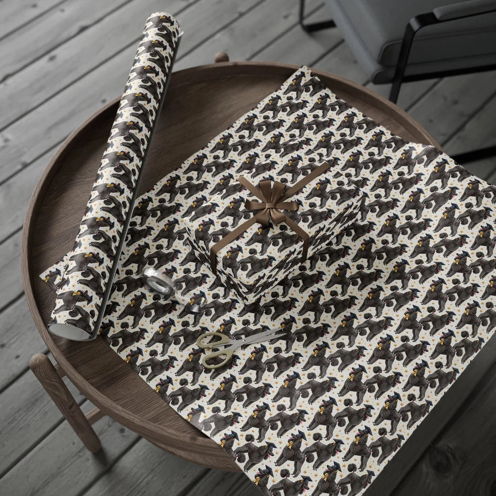 Poodle Graduation Wrapping Paper — gift wrapping presented on a wooden table