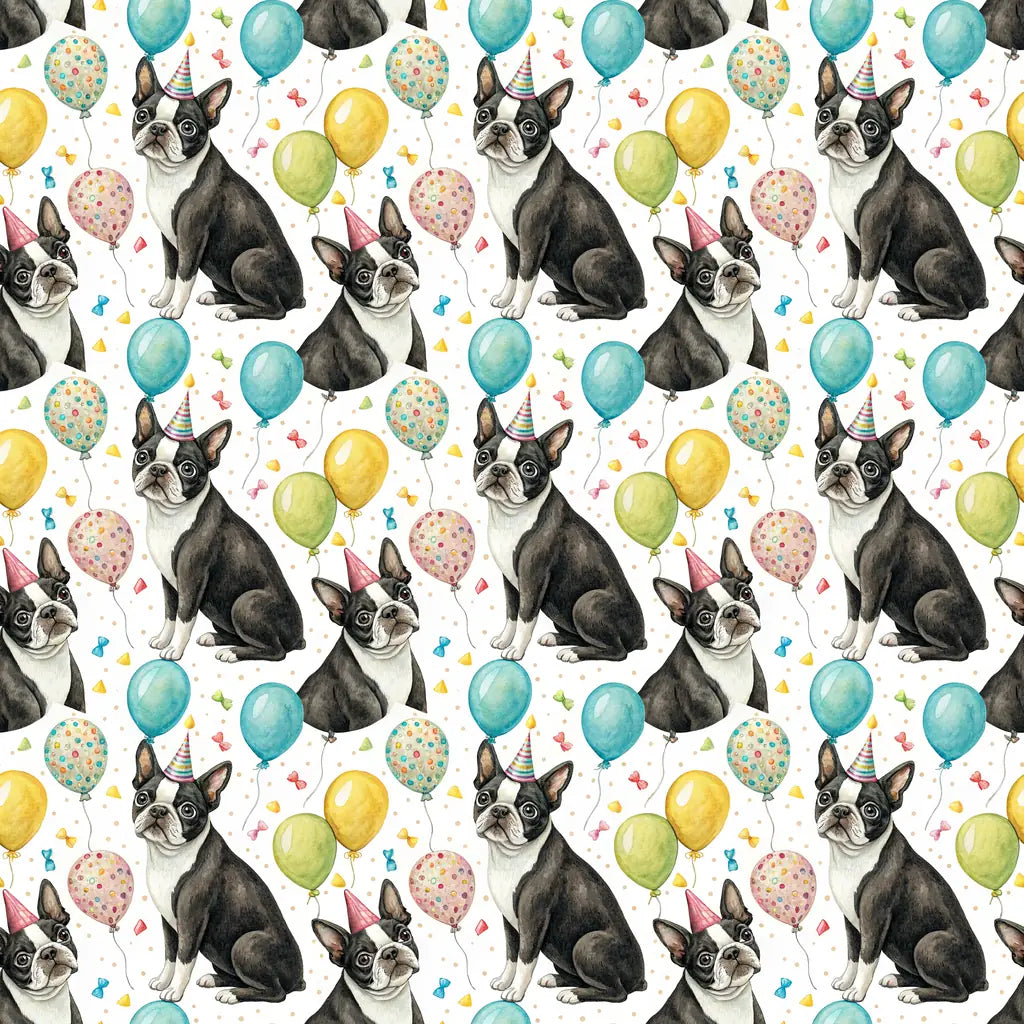 Party Animal Boston Terrier Birthday Wrapping Paper — repeating pattern tile