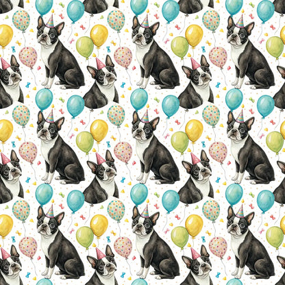 Party Animal Boston Terrier Birthday Wrapping Paper — repeating pattern tile