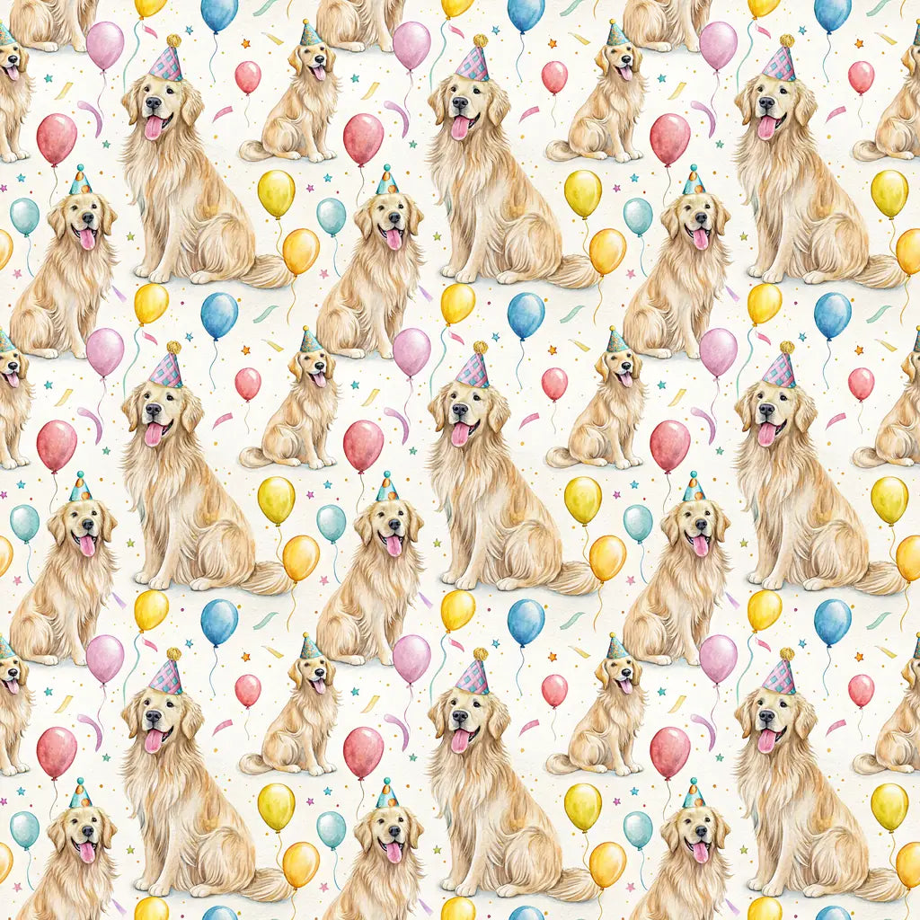 Party Animal Golden Retriever Birthday Wrapping Paper — repeating pattern tile