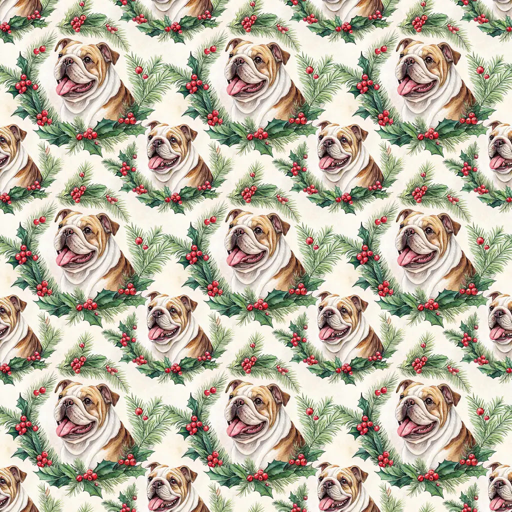 English Bulldog Christmas Wreath Wrapping Paper — repeating pattern tile