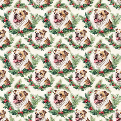 English Bulldog Christmas Wreath Wrapping Paper — repeating pattern tile