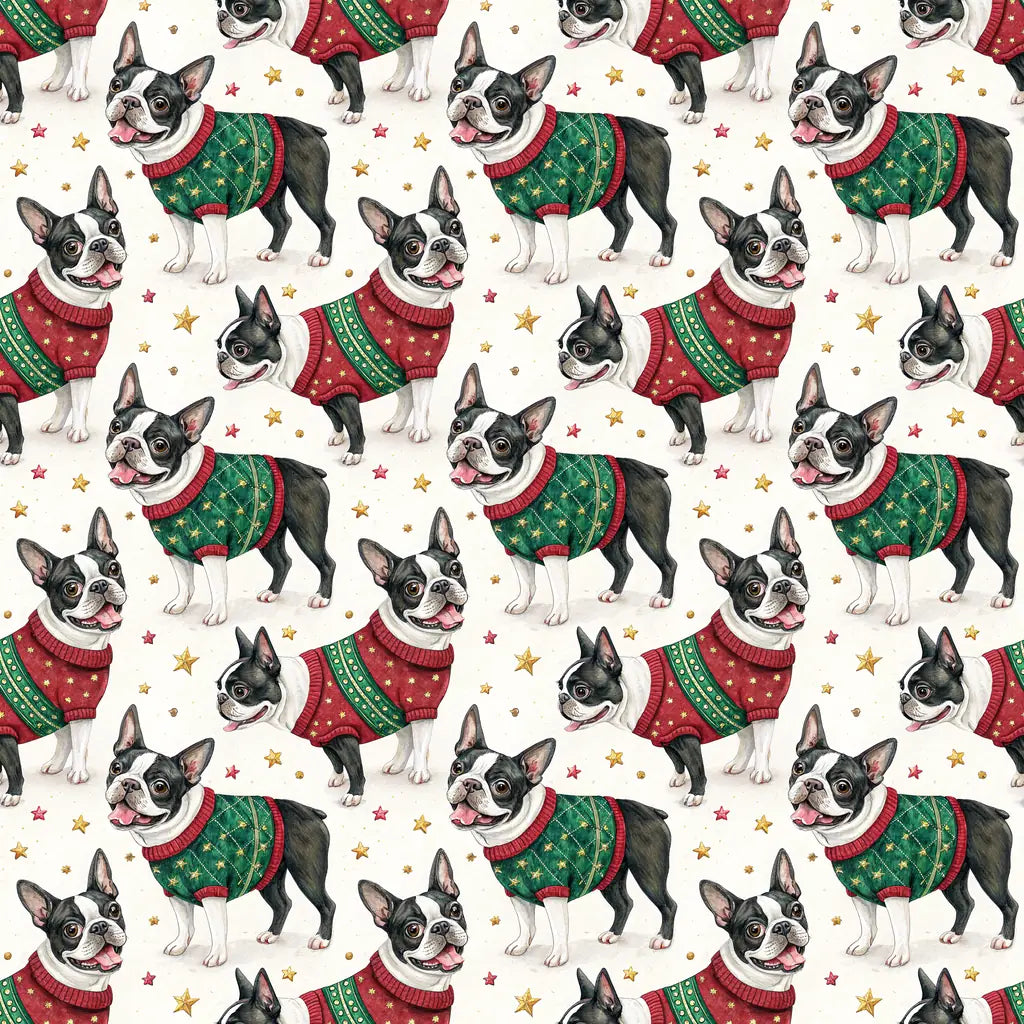 Ugly Sweater Boston Terrier Christmas Wrapping Paper — repeating pattern tile