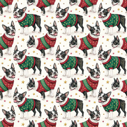 Ugly Sweater Boston Terrier Christmas Wrapping Paper — repeating pattern tile
