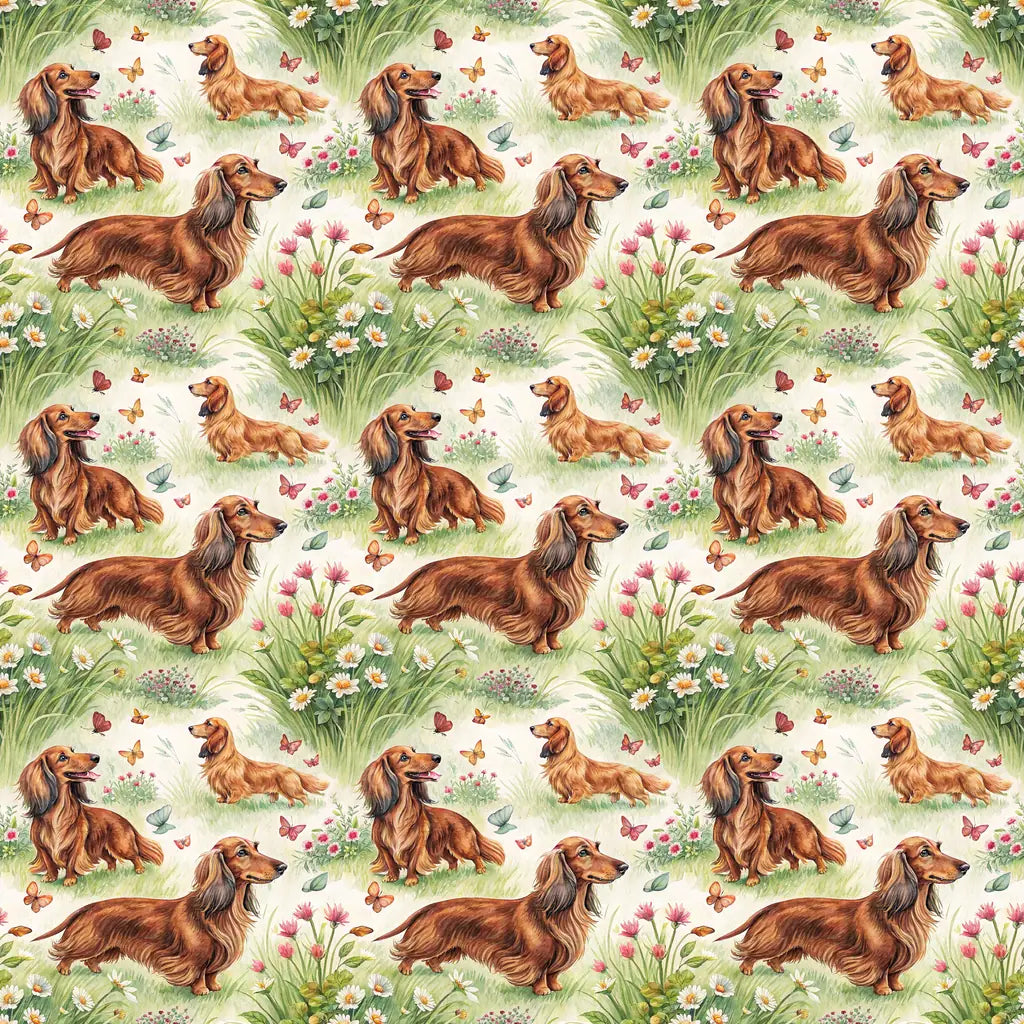 Long-Haired Dachshund Spring Garden Wrapping Paper — repeating pattern tile