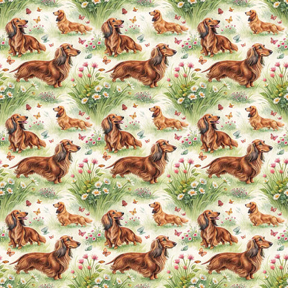 Long-Haired Dachshund Spring Garden Wrapping Paper — repeating pattern tile