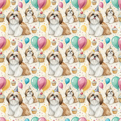 Party Animal Shih Tzu Birthday Wrapping Paper — repeating pattern tile