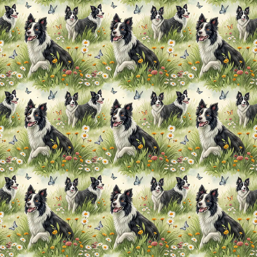 Border Collie Spring Garden Wrapping Paper — repeating pattern tile