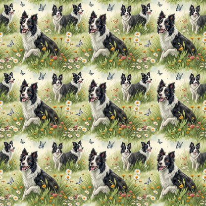Border Collie Spring Garden Wrapping Paper — repeating pattern tile