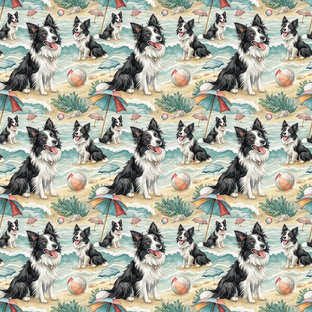 Border Collie Beach Day Wrapping Paper — repeating pattern tile