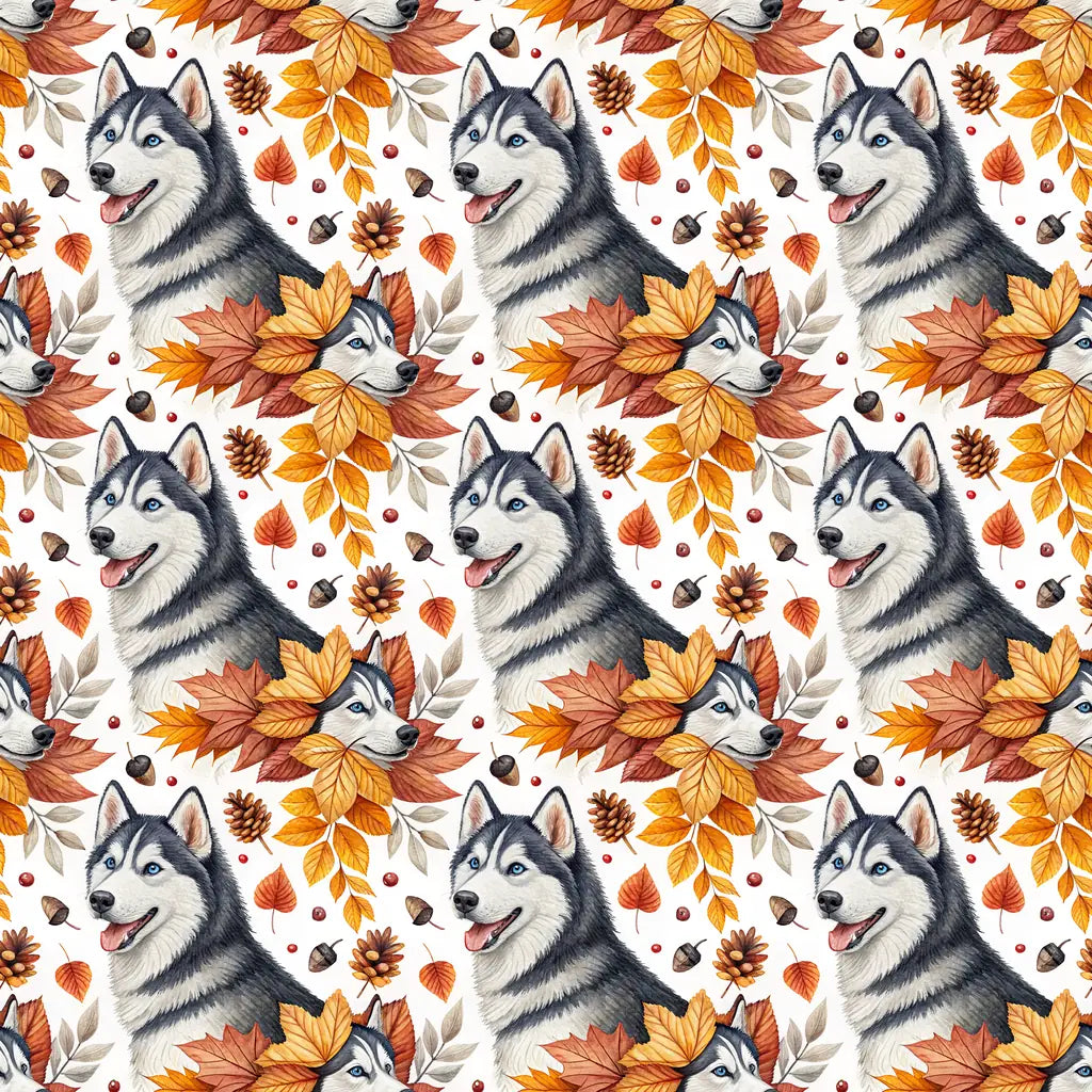 Siberian Husky Autumn Wrapping Paper — repeating pattern tile
