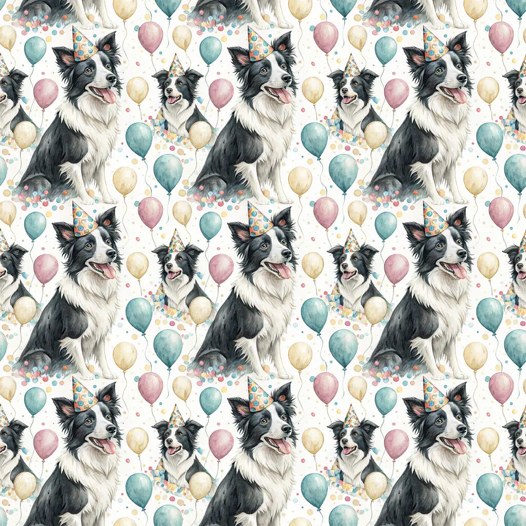 Party Animal Border Collie Birthday Wrapping Paper — repeating pattern tile