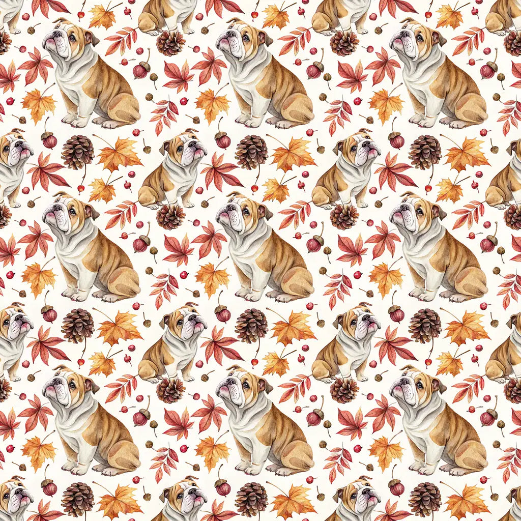 English Bulldog Autumn Wrapping Paper — repeating pattern tile