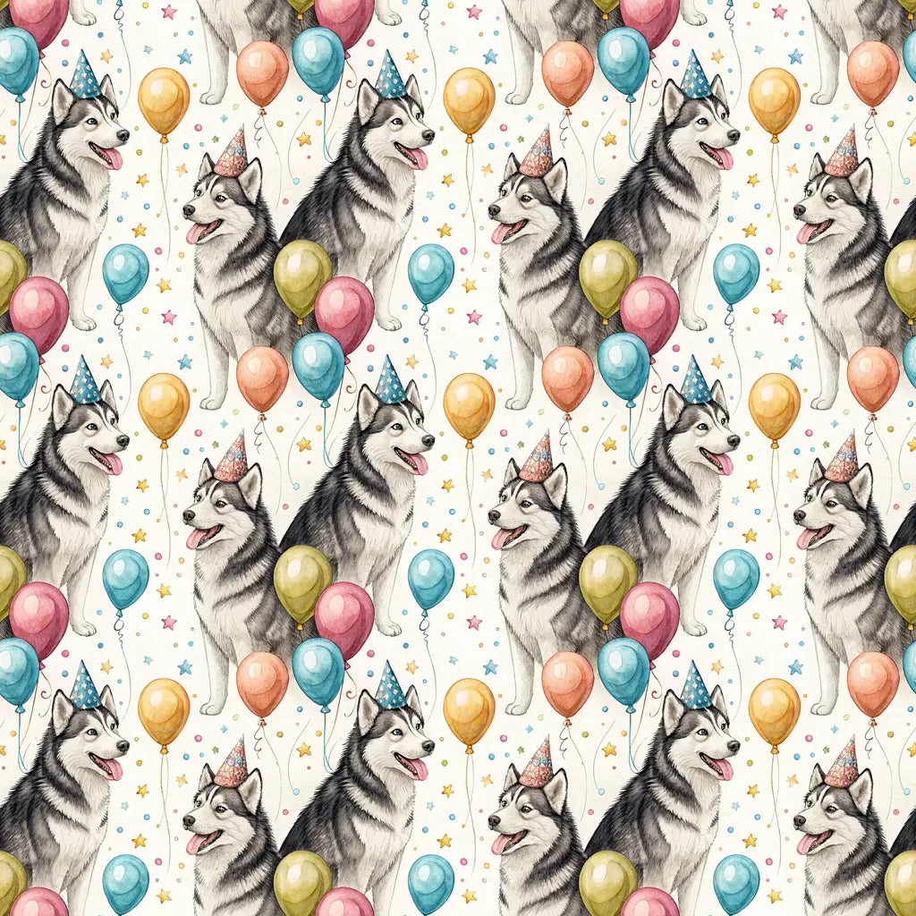 Party Animal Siberian Husky Birthday Wrapping Paper — repeating pattern tile