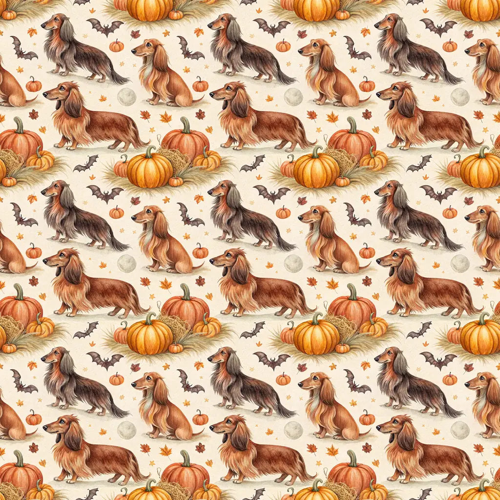 Pumpkin Patch Long-Haired Dachshund Halloween Wrapping Paper — repeating pattern tile