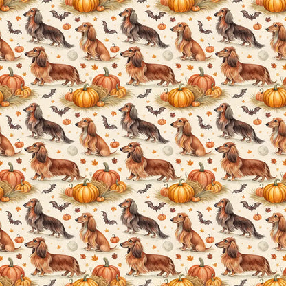 Pumpkin Patch Long-Haired Dachshund Halloween Wrapping Paper — repeating pattern tile