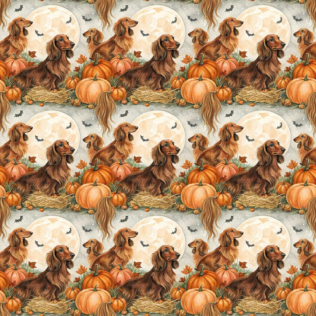 Pumpkin Patch Long-Haired Dachshund Halloween Wrapping Paper — repeating pattern tile