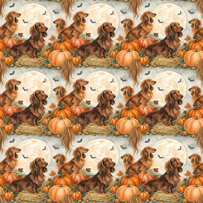 Pumpkin Patch Long-Haired Dachshund Halloween Wrapping Paper — repeating pattern tile