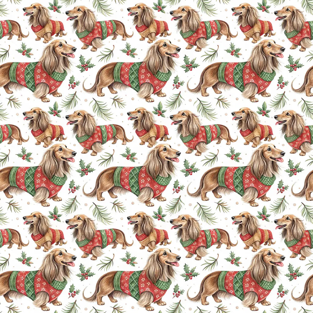 Ugly Sweater Long-Haired Dachshund Christmas Wrapping Paper — repeating pattern tile