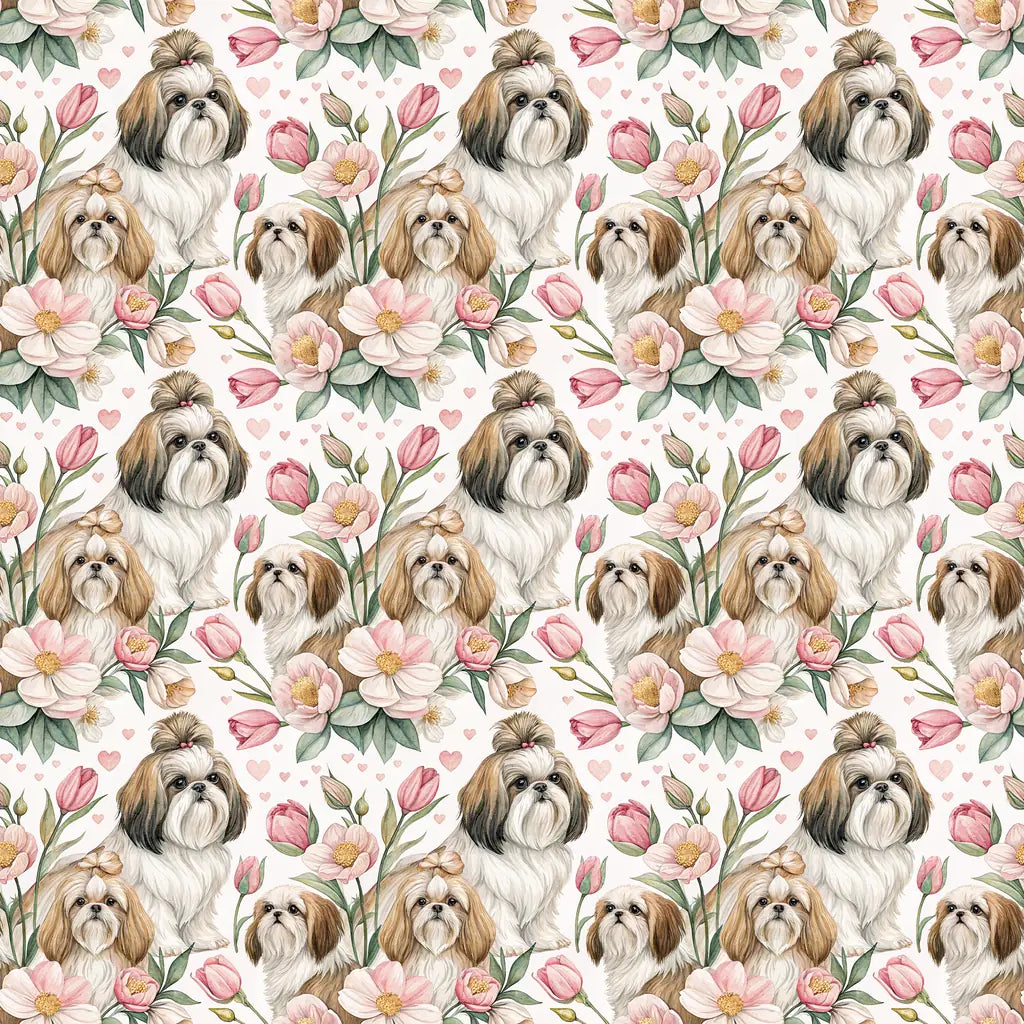 Shih Tzu Floral Mother's Day Wrapping Paper — repeating pattern tile
