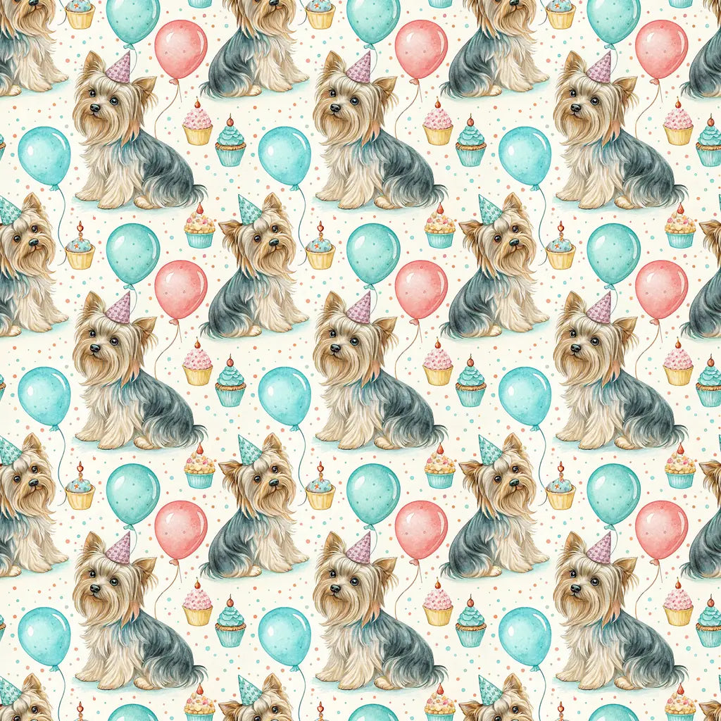 Party Animal Yorkshire Terrier Birthday Wrapping Paper — repeating pattern tile