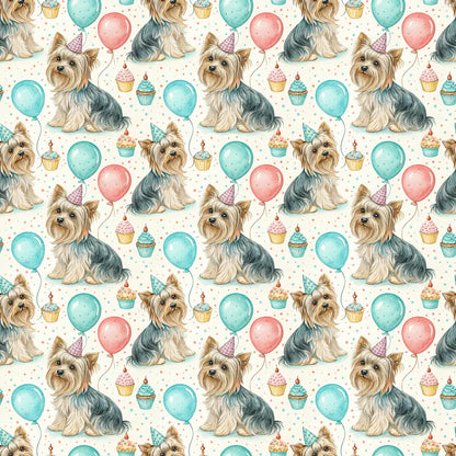 Party Animal Yorkshire Terrier Birthday Wrapping Paper — repeating pattern tile