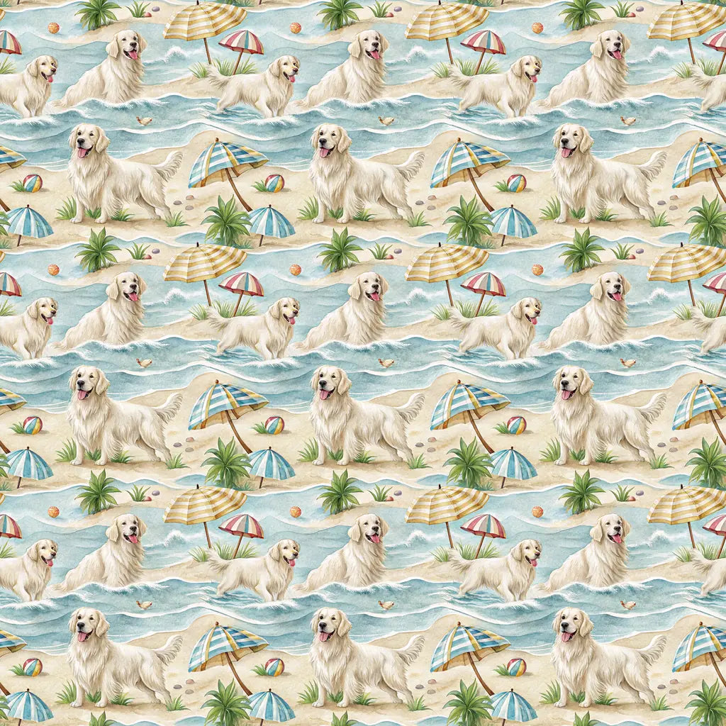 English Cream Golden Retriever Beach Day Wrapping Paper — repeating pattern tile