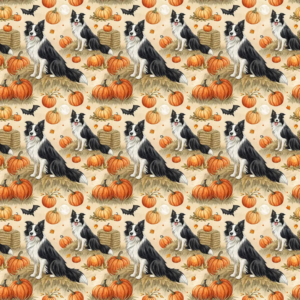 Pumpkin Patch Border Collie Halloween Wrapping Paper — repeating pattern tile