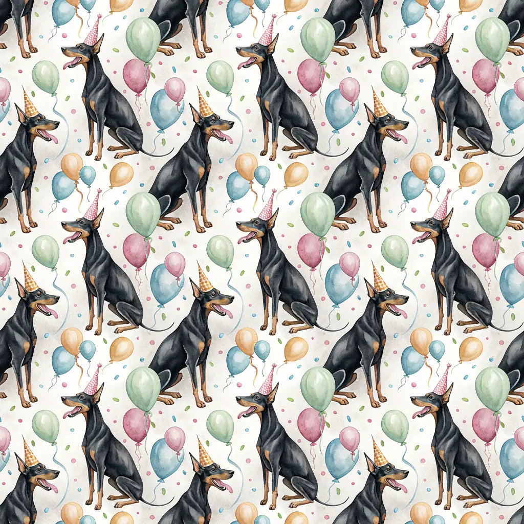 Party Animal Doberman Birthday Wrapping Paper — repeating pattern tile
