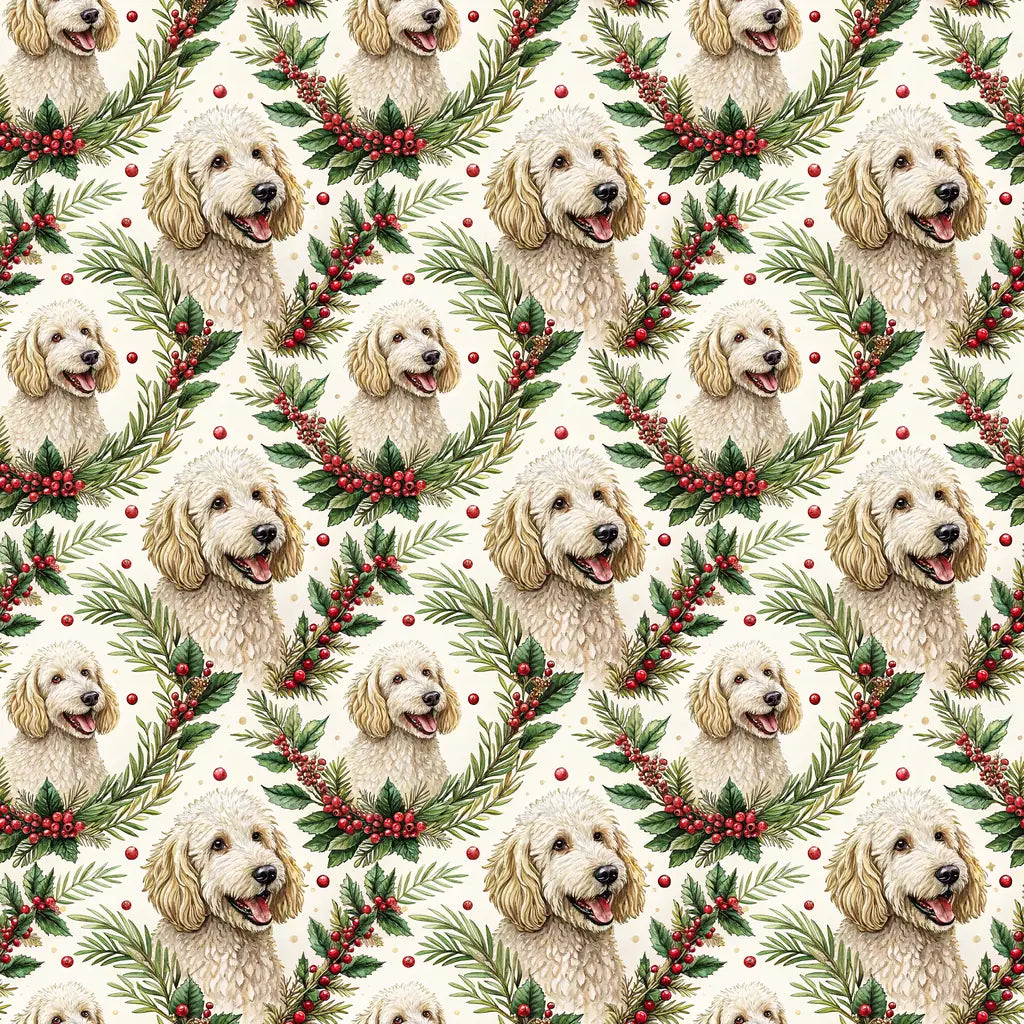 Goldendoodle Christmas Wreath Wrapping Paper — repeating pattern tile
