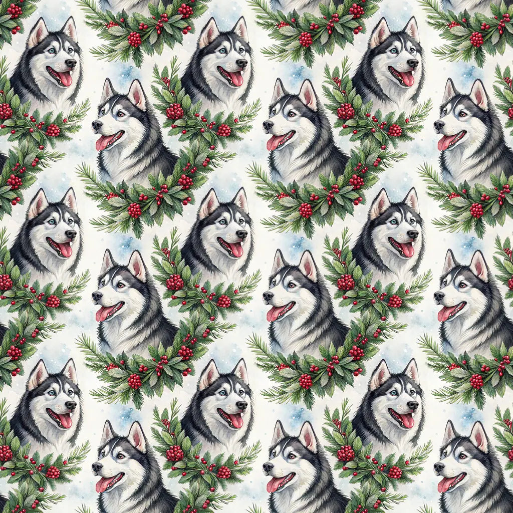 Siberian Husky Christmas Wreath Wrapping Paper — repeating pattern tile