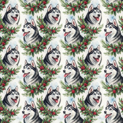 Siberian Husky Christmas Wreath Wrapping Paper — repeating pattern tile