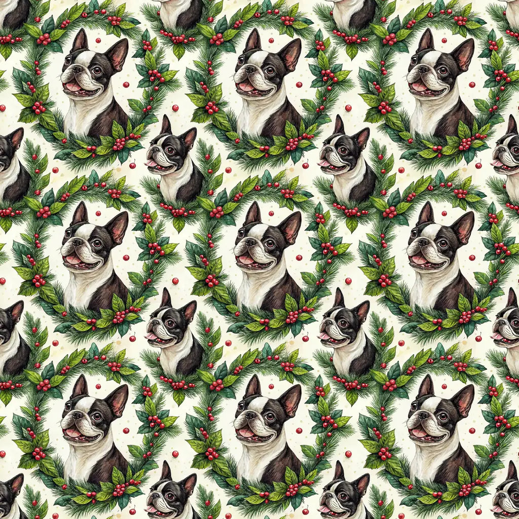 Boston Terrier Christmas Wreath Wrapping Paper — repeating pattern tile