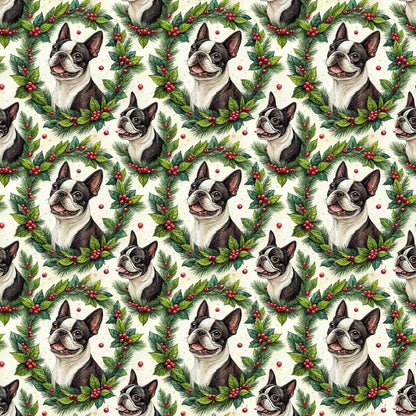 Boston Terrier Christmas Wreath Wrapping Paper — repeating pattern tile